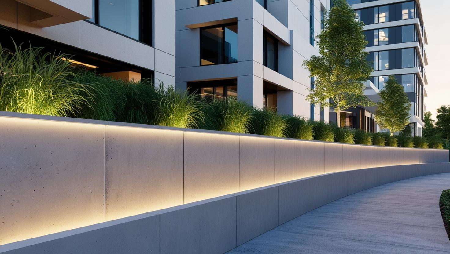 lighted concrete retaining wall